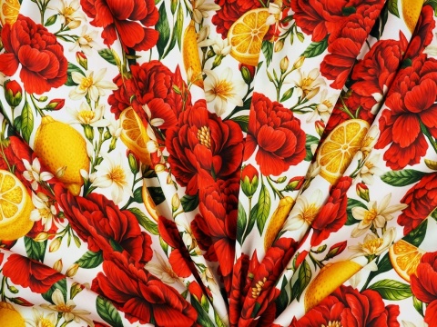 wiskoza w białe i czerwone kwiaty oraz żółte cytryny