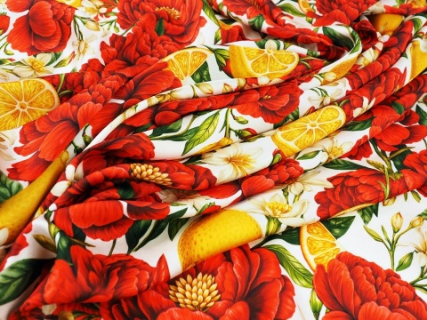 wiskoza w białe i czerwone kwiaty oraz żółte cytryny