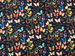 czarna wiskoza w drobne, kolorowe motyle gęsto rozmieszczone