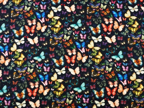 czarna wiskoza w drobne, kolorowe motyle gęsto rozmieszczone