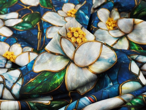 wiskoza w witrażowe kwiaty na niebieskim tle