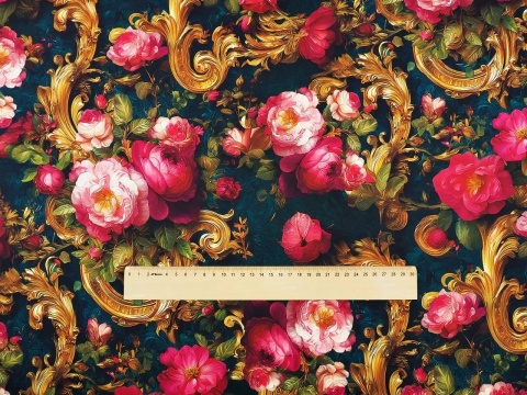 ciemny jedwab w różowe, dzikie róże oraz złote ornamenty