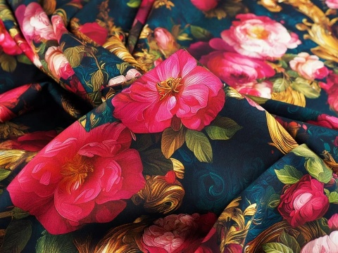 ciemny jedwab w różowe, dzikie róże oraz złote ornamenty