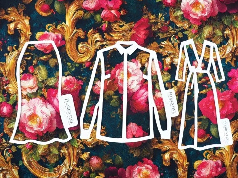 ciemny jedwab w różowe, dzikie róże oraz złote ornamenty