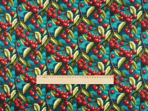 jedwab w gałązki z owocami czereśni na morskim tle