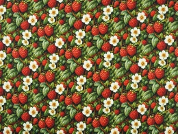 jedwab w czerwone maliny, białe kwiaty i zielone liście