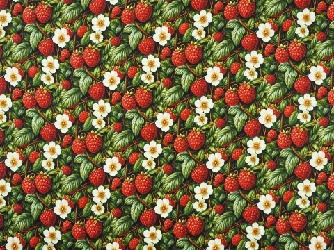 jedwab w czerwone maliny, białe kwiaty i zielone liście