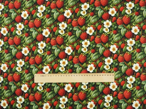 jedwab w czerwone maliny, białe kwiaty i zielone liście