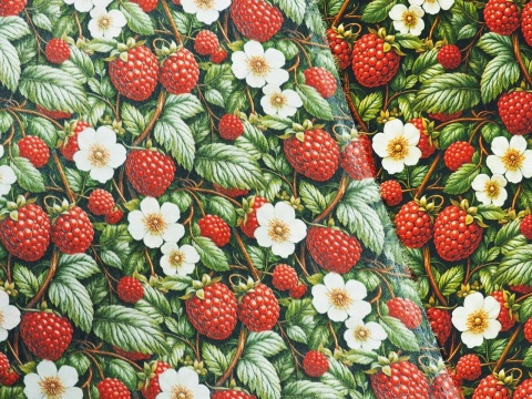 jedwab w czerwone maliny, białe kwiaty i zielone liście