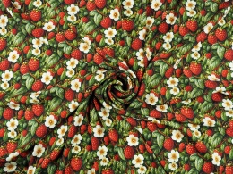 jedwab w czerwone maliny, białe kwiaty i zielone liście