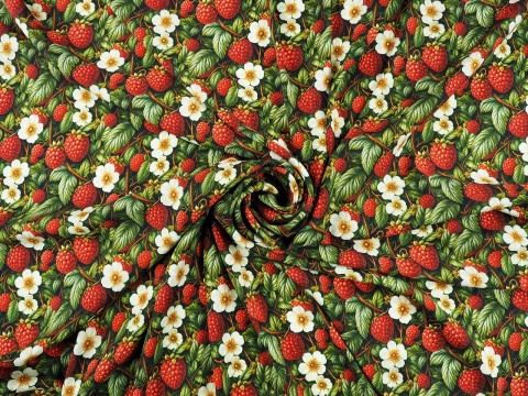 jedwab w czerwone maliny, białe kwiaty i zielone liście