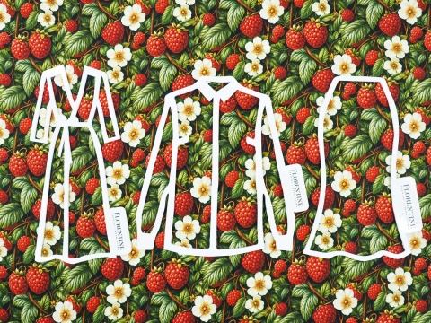 jedwab w czerwone maliny, białe kwiaty i zielone liście