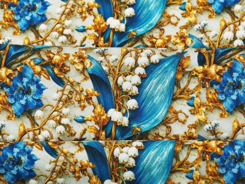 wiskoza w pozłacane konwalie z niebieskimi liśćmi