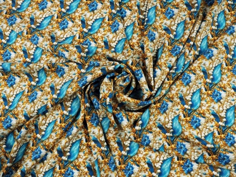 wiskoza w pozłacane konwalie z niebieskimi liśćmi