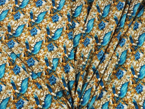 wiskoza w pozłacane konwalie z niebieskimi liśćmi