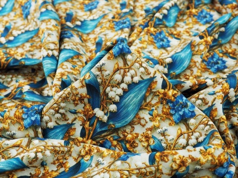 wiskoza w pozłacane konwalie z niebieskimi liśćmi