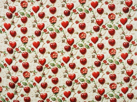 jedwab w wiśnie i serduszka na jasnym tle