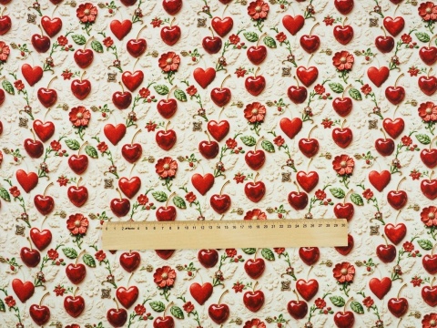 jedwab w wiśnie i serduszka na jasnym tle