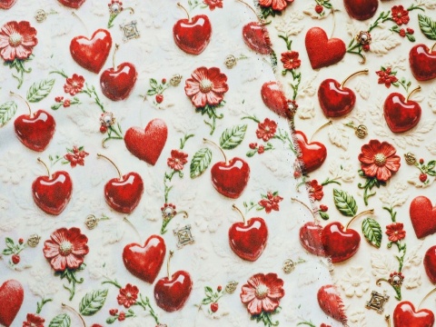 jedwab w wiśnie i serduszka na jasnym tle