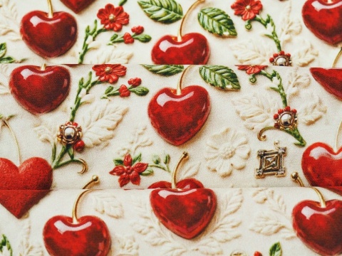 jedwab w wiśnie i serduszka na jasnym tle