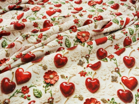 jedwab w wiśnie i serduszka na jasnym tle