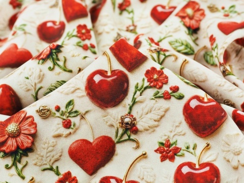 jedwab w wiśnie i serduszka na jasnym tle