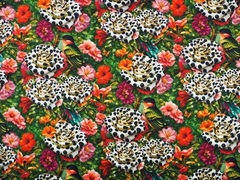 wiskoza w kolorowe kwiaty i ptaki na zielonym tle