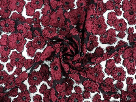 mb9128 koronka gipiura bordo aplikacje koralikow kwiaty tkanina florentine
