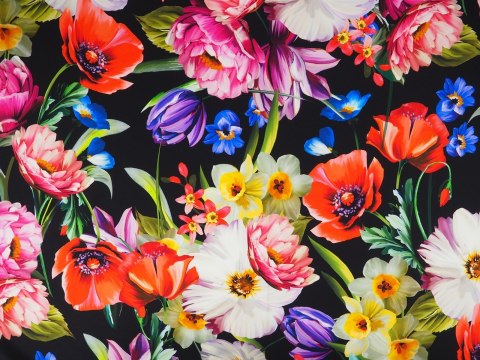 Jedwab elastyczny - Maki i peonie na czerni Jedwab elastyczny - Maki i peonie na czerni