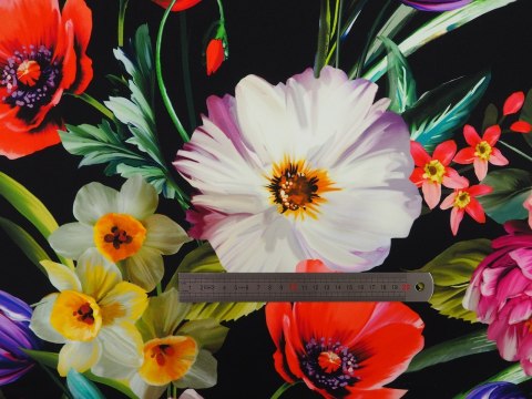 Jedwab elastyczny - Maki i peonie na czerni Jedwab elastyczny - Maki i peonie na czerni