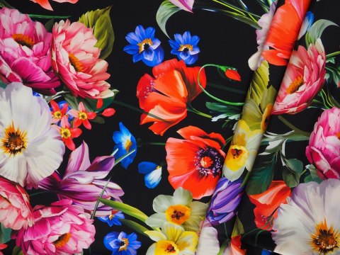Jedwab elastyczny - Maki i peonie na czerni Jedwab elastyczny - Maki i peonie na czerni