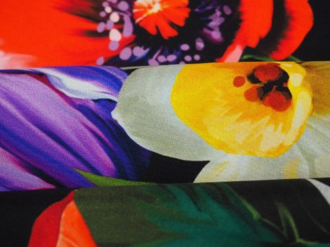 Jedwab elastyczny - Maki i peonie na czerni Jedwab elastyczny - Maki i peonie na czerni