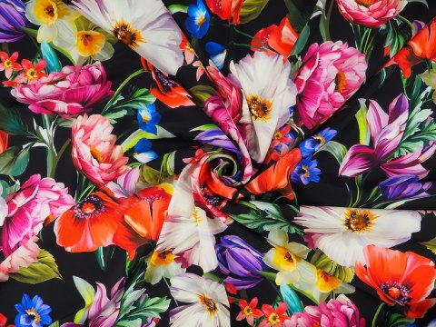 Jedwab elastyczny - Maki i peonie na czerni Jedwab elastyczny - Maki i peonie na czerni
