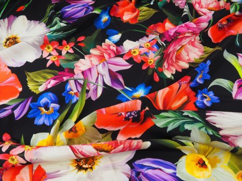 Jedwab elastyczny - Maki i peonie na czerni Jedwab elastyczny - Maki i peonie na czerni