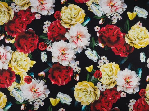 Jedwab elastyczny - Peonie na czerni Jedwab elastyczny - Peonie na czerni