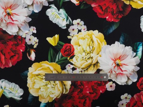 Jedwab elastyczny - Peonie na czerni Jedwab elastyczny - Peonie na czerni