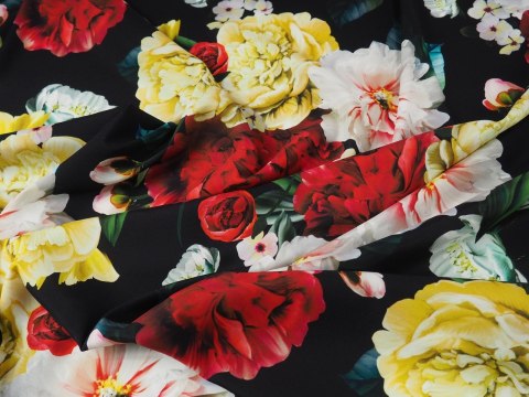Jedwab elastyczny - Peonie na czerni Jedwab elastyczny - Peonie na czerni