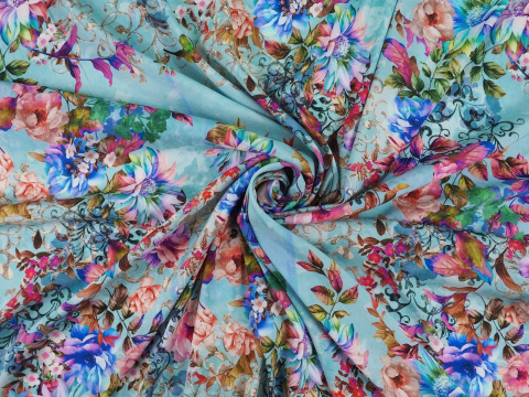 Jedwab elastyczny - Kwiaty ornamenty błękit Jedwab elastyczny - Kwiaty ornamenty błękit