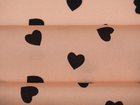 Jedwab elastyczny twill - Czarne serduszka na moreli Jedwab elastyczny twill - Czarne serduszka na moreli