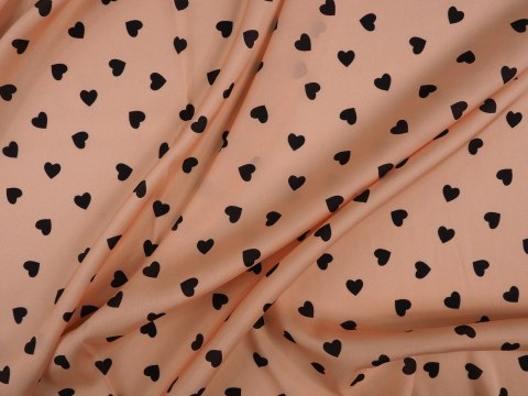 Jedwab elastyczny twill - Czarne serduszka na moreli Jedwab elastyczny twill - Czarne serduszka na moreli