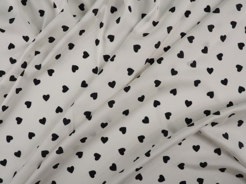 Jedwab elastyczny twill - Czarne serduszka na bieli Jedwab elastyczny twill - Czarne serduszka na bieli