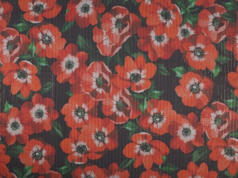 Jedwab szyfon - Pomarańczowe maki na czerni Jedwab szyfon - Pomarańczowe maki na czerni