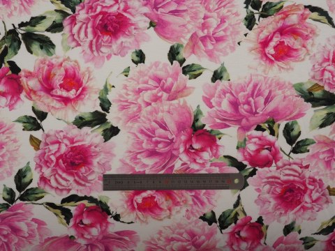 Dzianina bawełniana - Różowe peonie na bieli Dzianina bawełniana - Różowe peonie na bieli