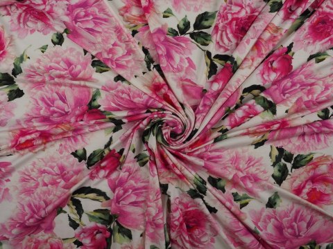 Dzianina bawełniana - Różowe peonie na bieli Dzianina bawełniana - Różowe peonie na bieli