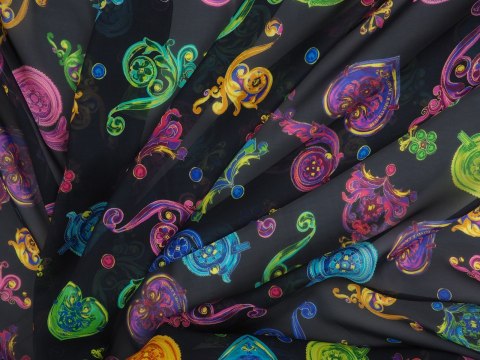 Wiskoza szyfon - Kolorowe ornamenty sygnowane Wiskoza szyfon - Kolorowe ornamenty sygnowane