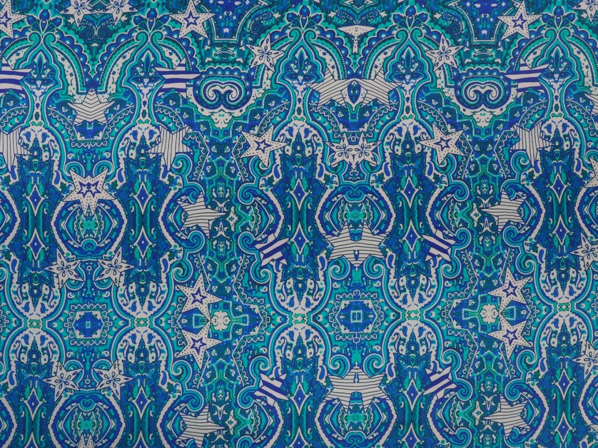 Jedwab sygnowany - Niebieskie ornamenty i gwiazdy Jedwab sygnowany - Niebieskie ornamenty i gwiazdy