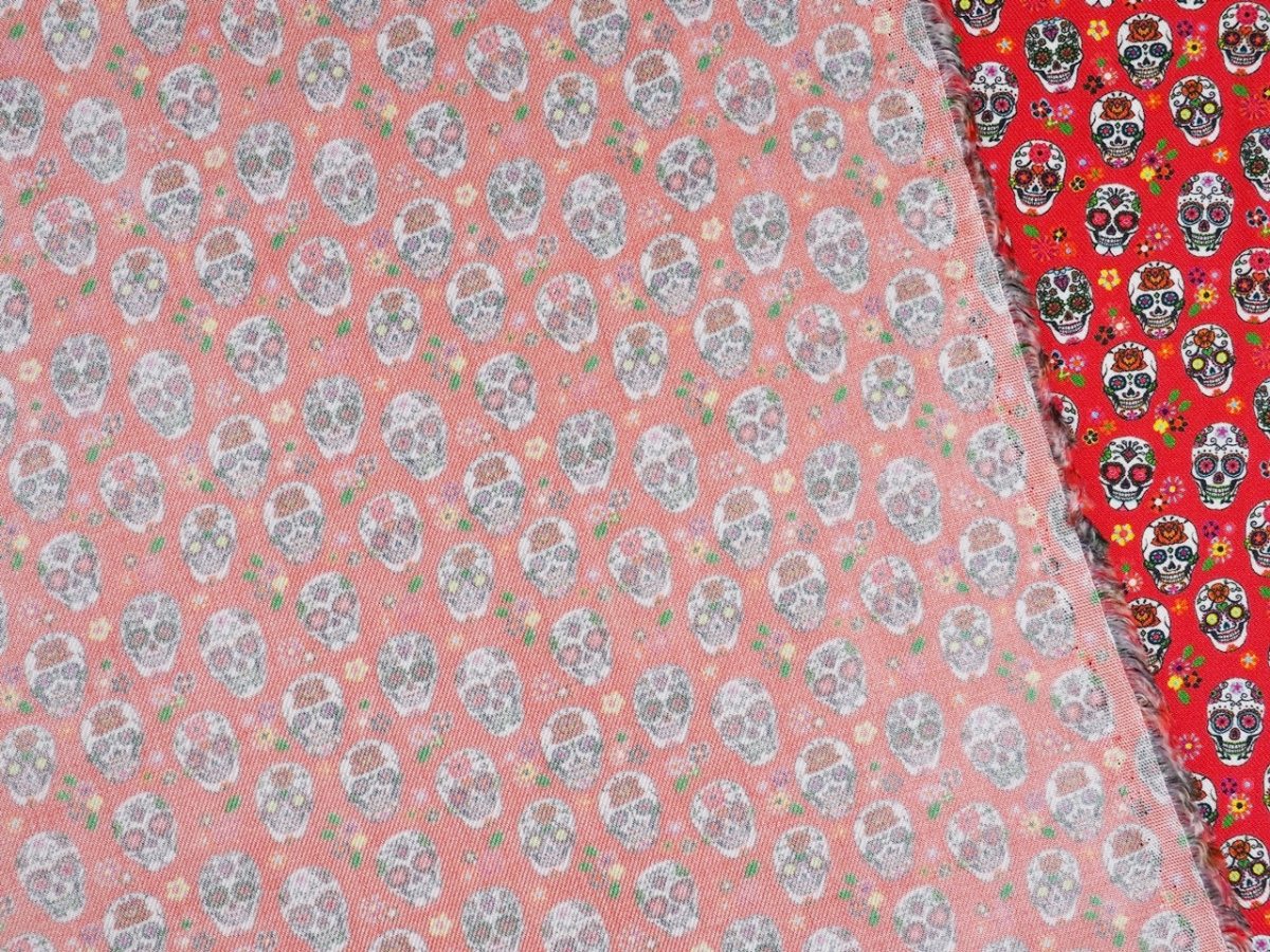 Wiskoza twill - Czaszki na czerwieni Wiskoza twill - Czaszki na czerwieni