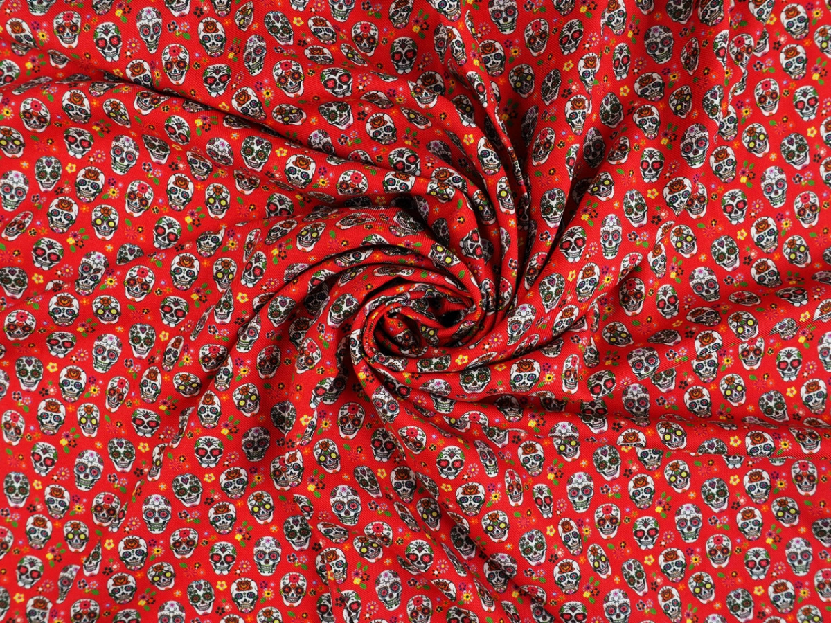 Wiskoza twill - Czaszki na czerwieni Wiskoza twill - Czaszki na czerwieni