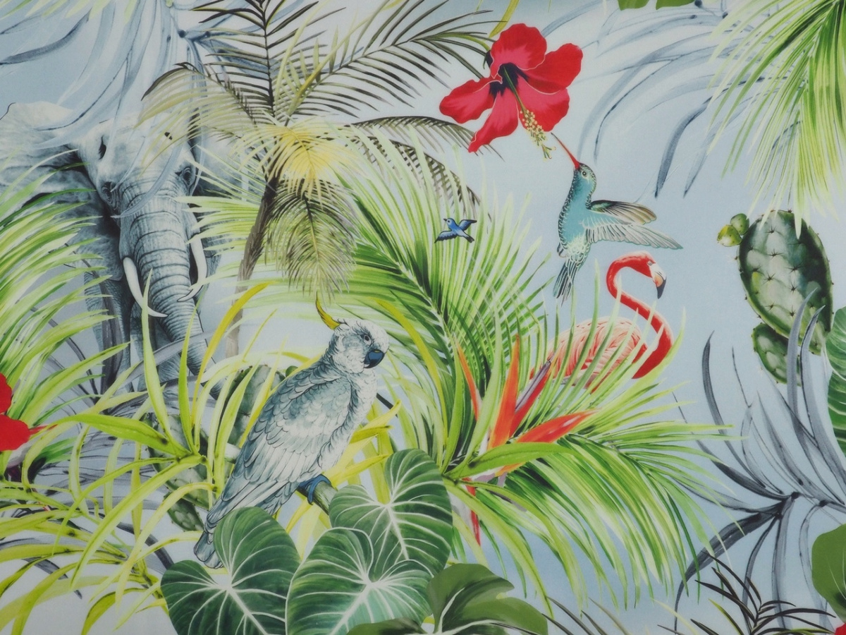 Jedwab szyfon - Flamingi, kolibry i dżungla Jedwab szyfon - Flamingi, kolibry i dżungla