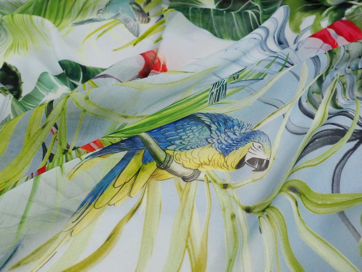 Jedwab szyfon - Flamingi, kolibry i dżungla Jedwab szyfon - Flamingi, kolibry i dżungla